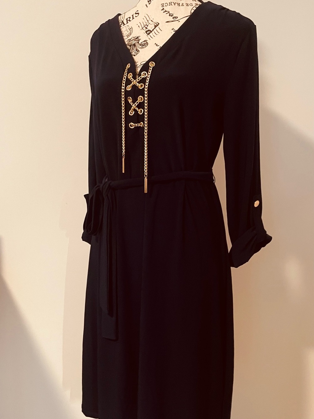 Navy Blue Lace-Up V-Neck Belted Women's Dressed